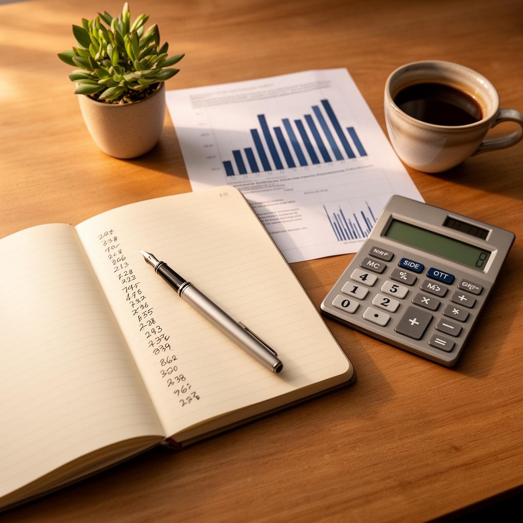 Hands using a calculator and pen over financial spreadsheets