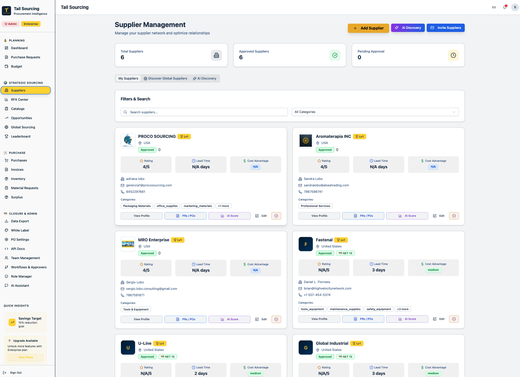 Supplier Management directory with KPIs