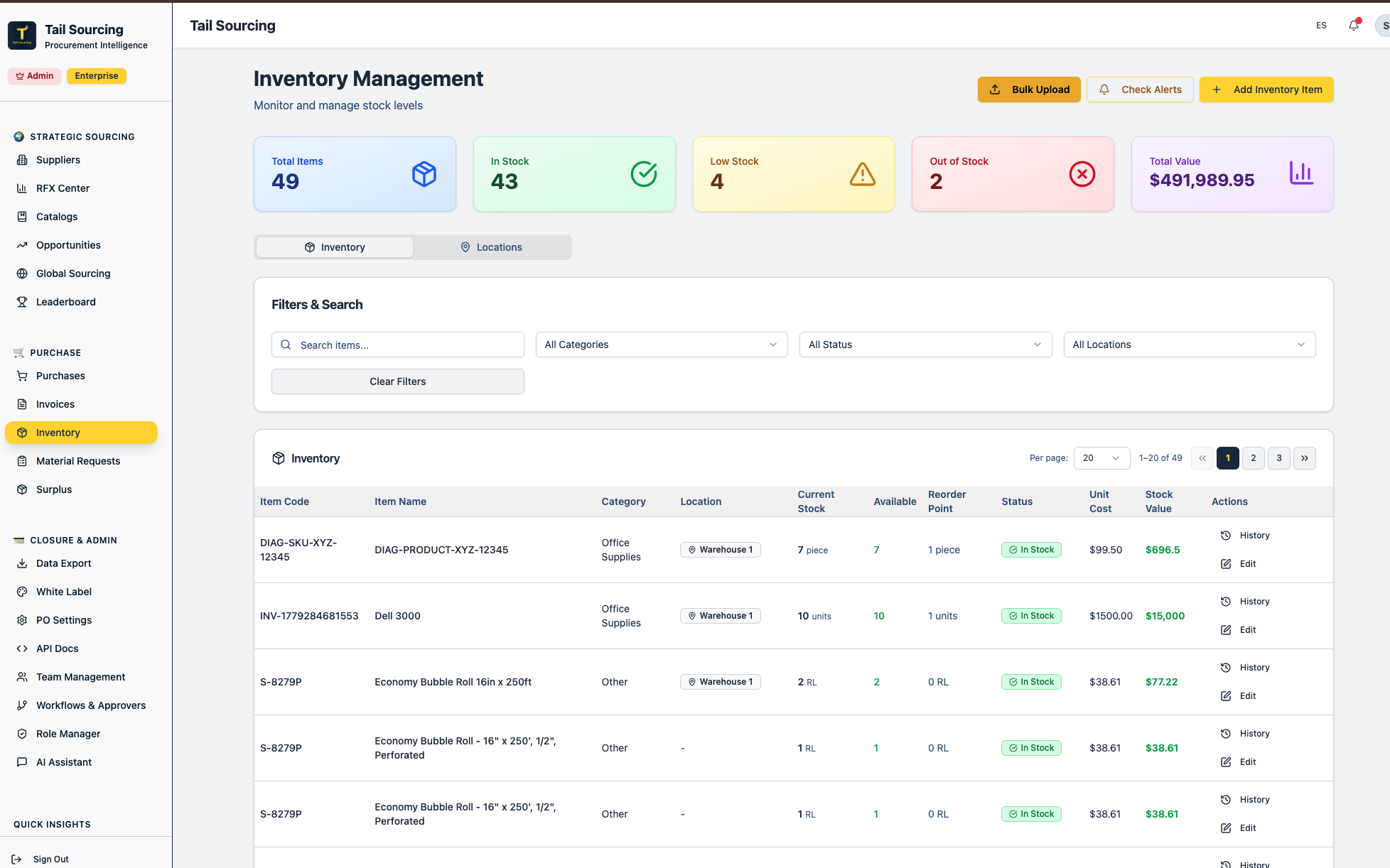 Inventory management table with stock levels