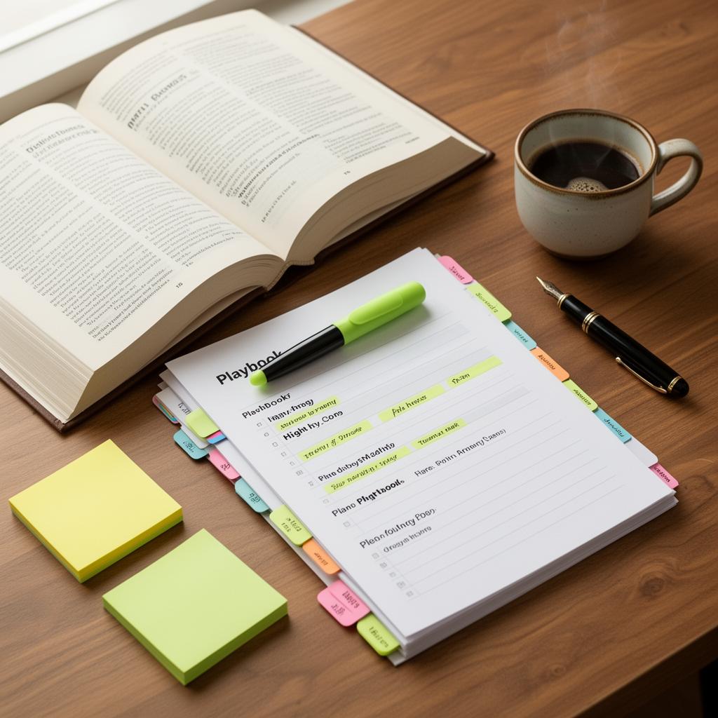 Open business book and notebook on a wooden desk with morning coffee