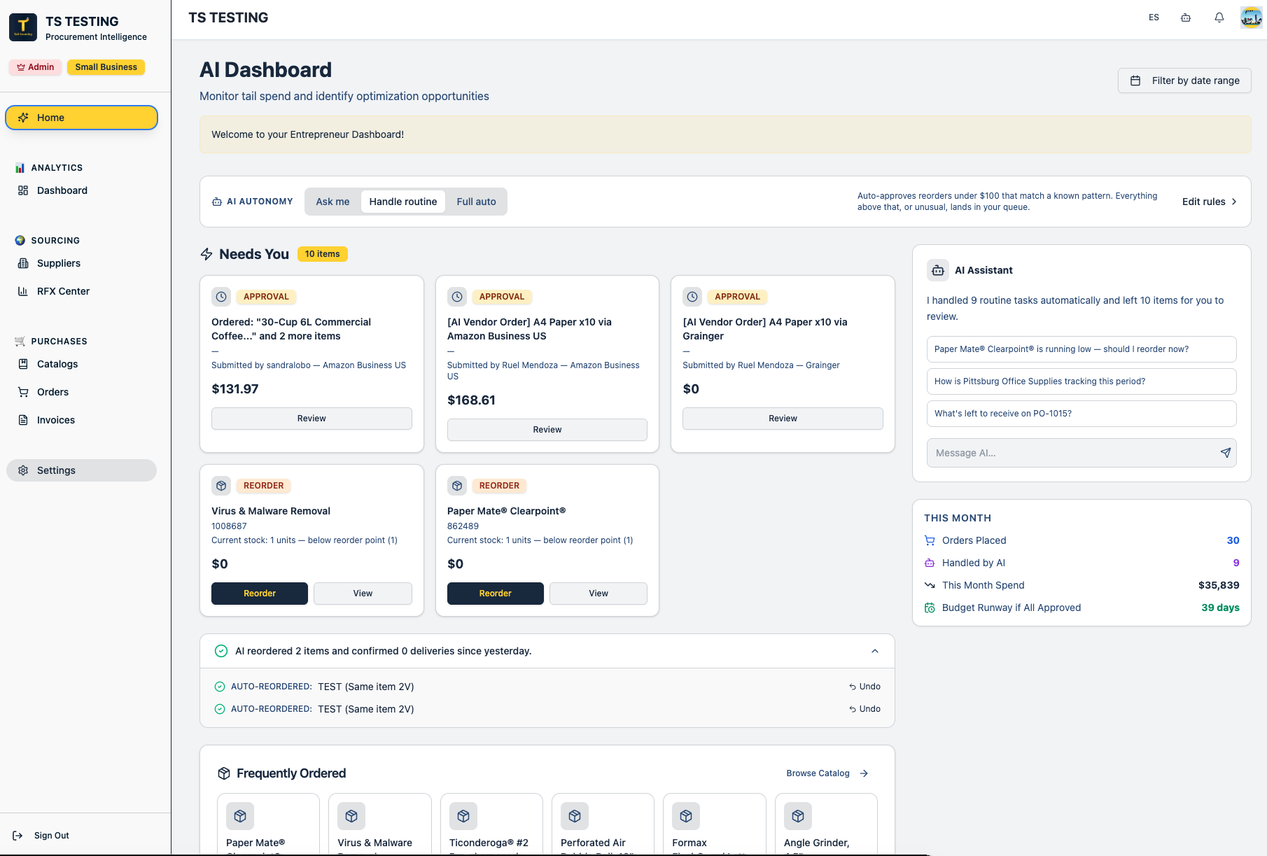 Procurement dashboard home