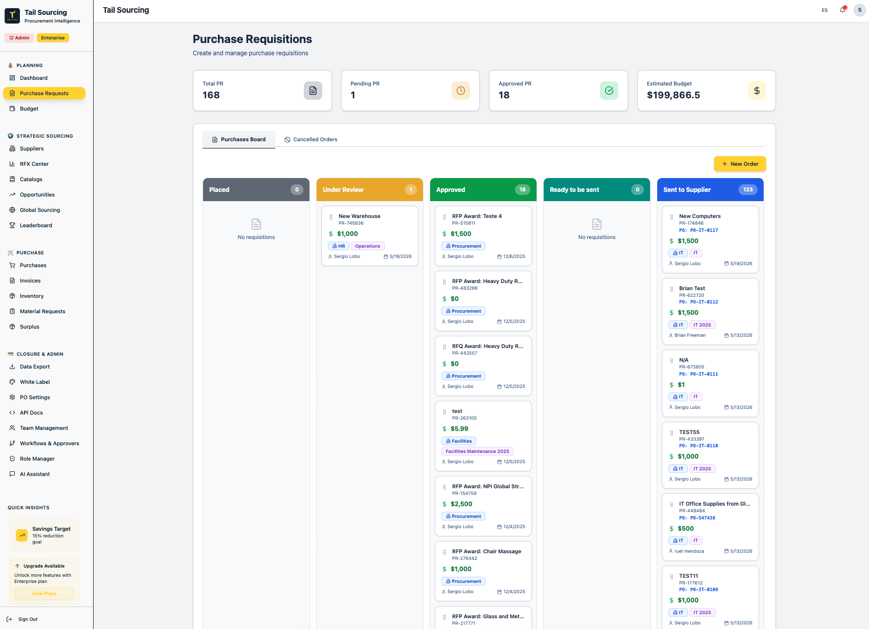 Purchase Requisitions board with status columns