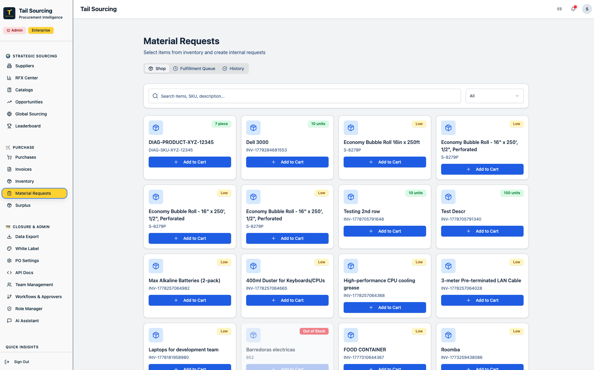 Internal material requests shop view