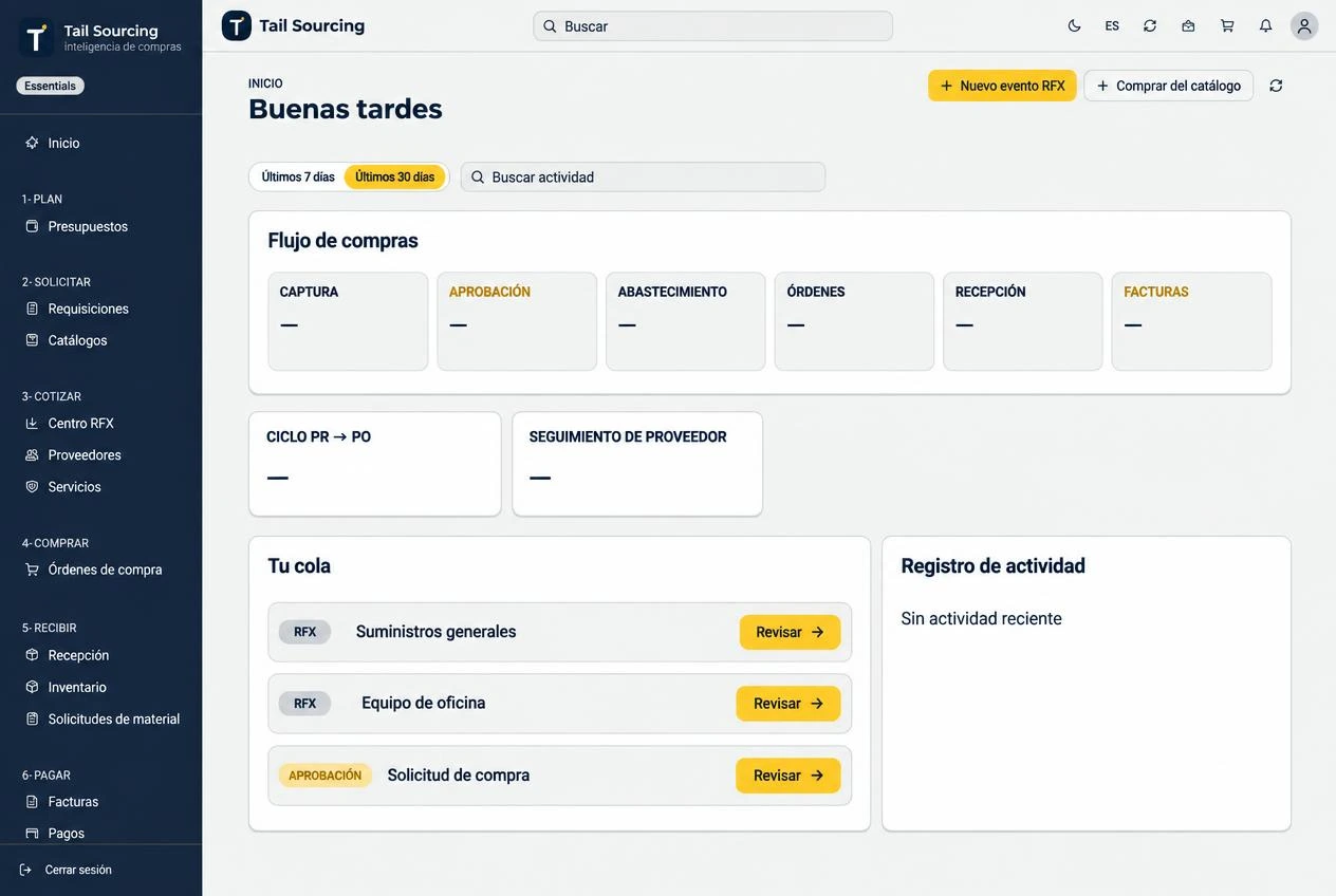 Mockup de Tail Sourcing: inicio y menú de compras, sin datos personales